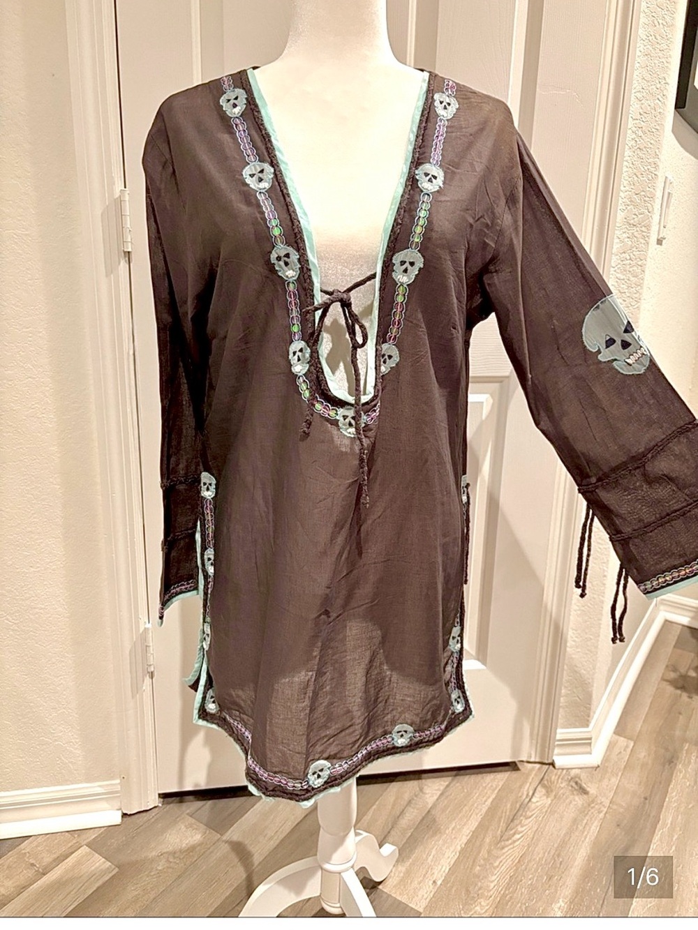 Letarte Handmade Brown Tunic with Mint Skull Trim and Tie Front